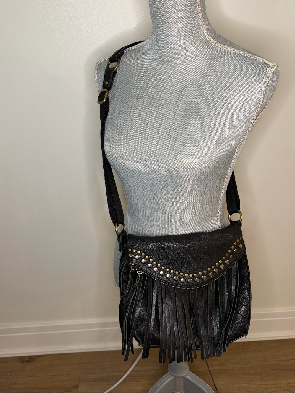 The Sak Black Fringe Crossbody Bag with Stud Detail